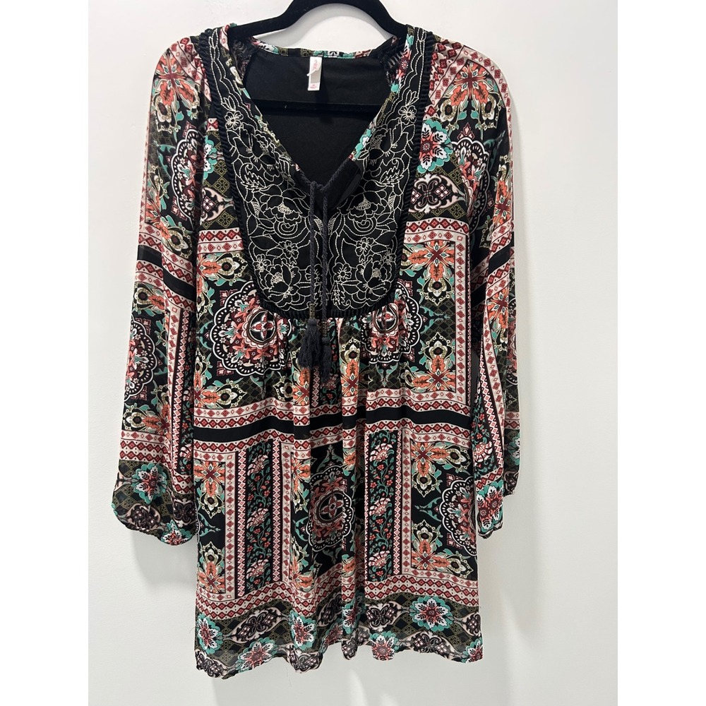 Xhilaration Boho Paisley Patchwork Shift Dress XL Black Coral Embroidered Bib